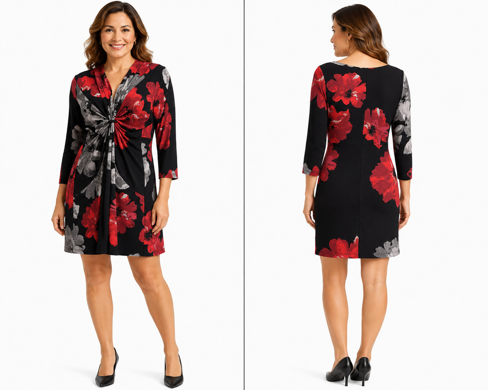 Jones Wear Womens Black Red Dark Floral Jersey Knit Twist Knot Sheath Dress sz 8